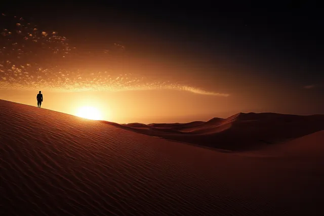 Silhouette of a lone person walking on desert sand dunes beneath a dramatic sunset sky.
