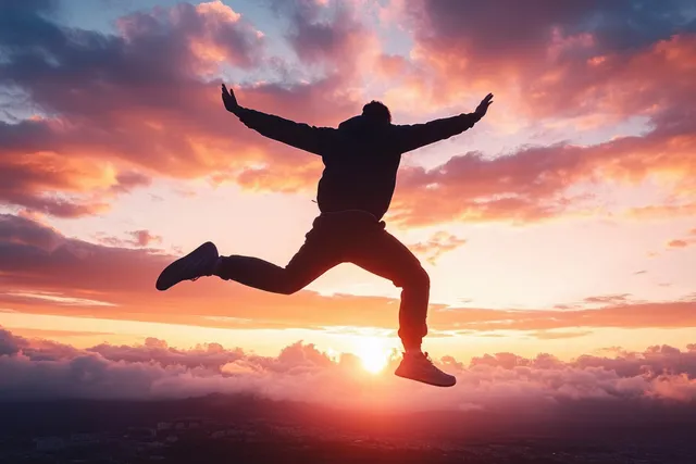 Silhouetted athlete jumps with arms spread against a vibrant sunset sky and glowing clouds.
