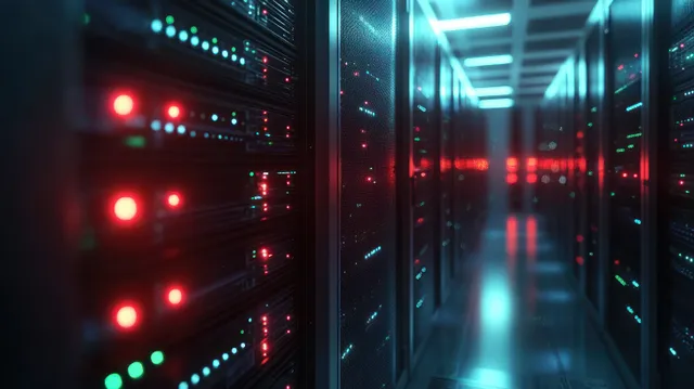 Dark data center corridor with rows of server racks glowing with red green and blue indicator lights.