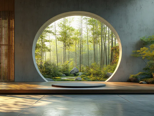Zen garden terrace framed by a rounded concrete arch, showing bamboo grove, stones, and soft sunlight.