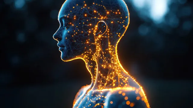 Side profile human silhouette surrounded by glowing blue and orange neural network connections on a dark blurred background.