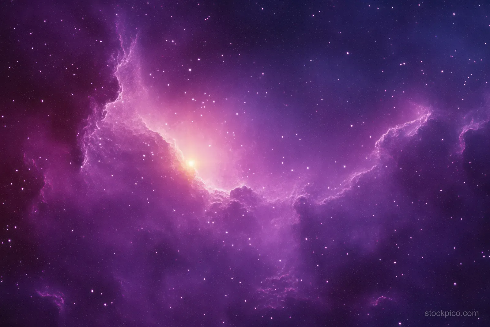 A glowing purple and pink nebula with scattered stars stretches across a dark deep-space background.