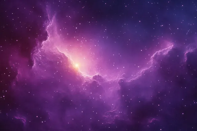 A glowing purple and pink nebula with scattered stars stretches across a dark deep-space background.
