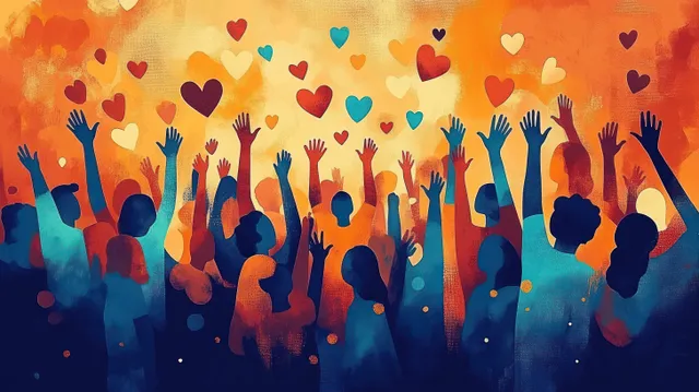 Silhouetted crowd with raised arms celebrates as colorful hearts float overhead.