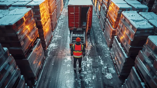 A safety-vest worker walks between frozen pallet boxes in a refrigerated warehouse aisle while forklifts unload cargo.