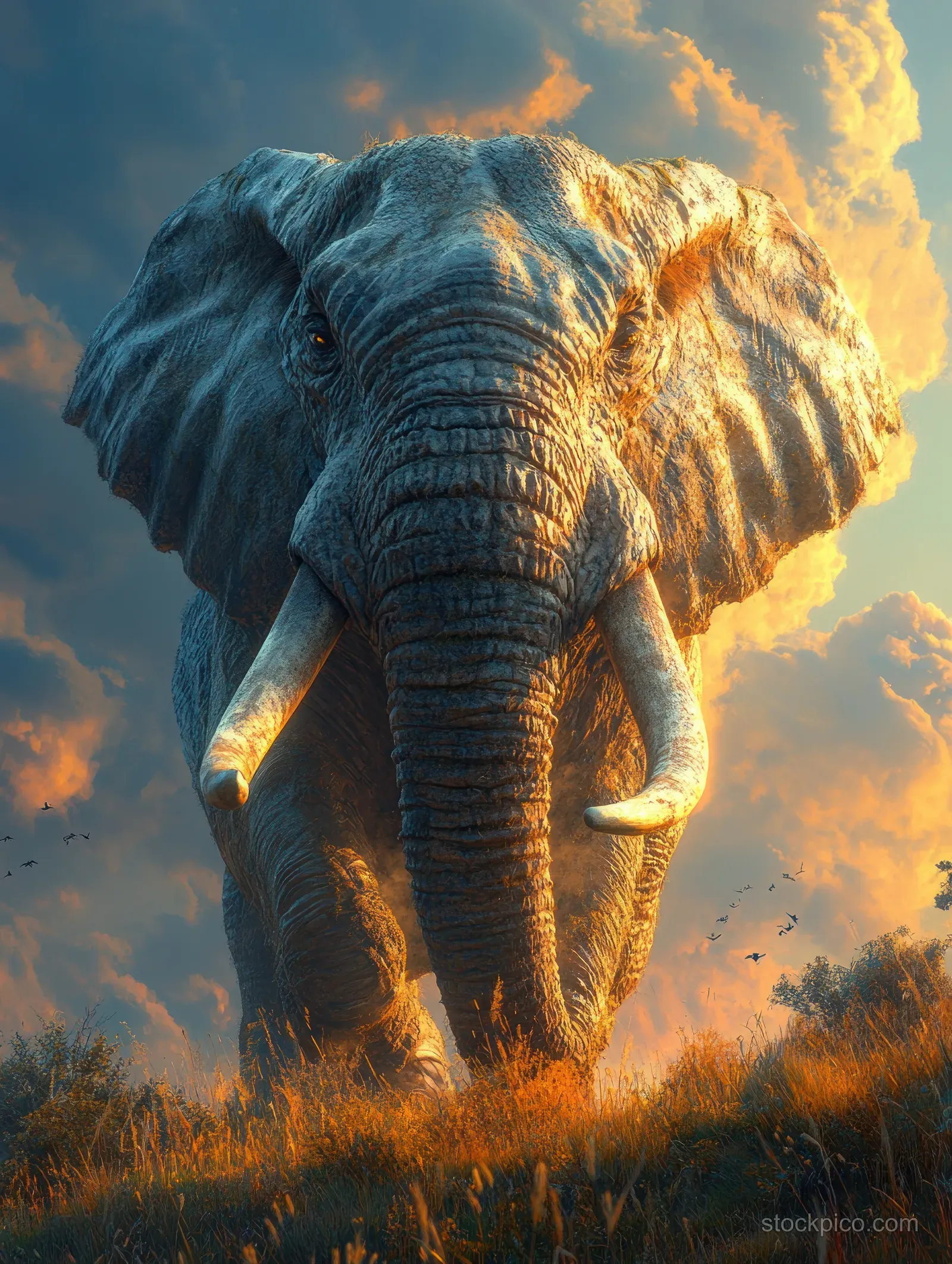 A prehistoric elephant with four tusks stands on a grassy hill under a glowing sky.