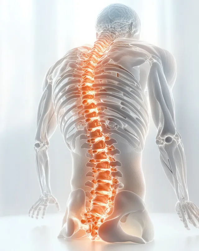 Transparent back-view human skeleton with a glowing spine centered over detailed ribs and pelvis.