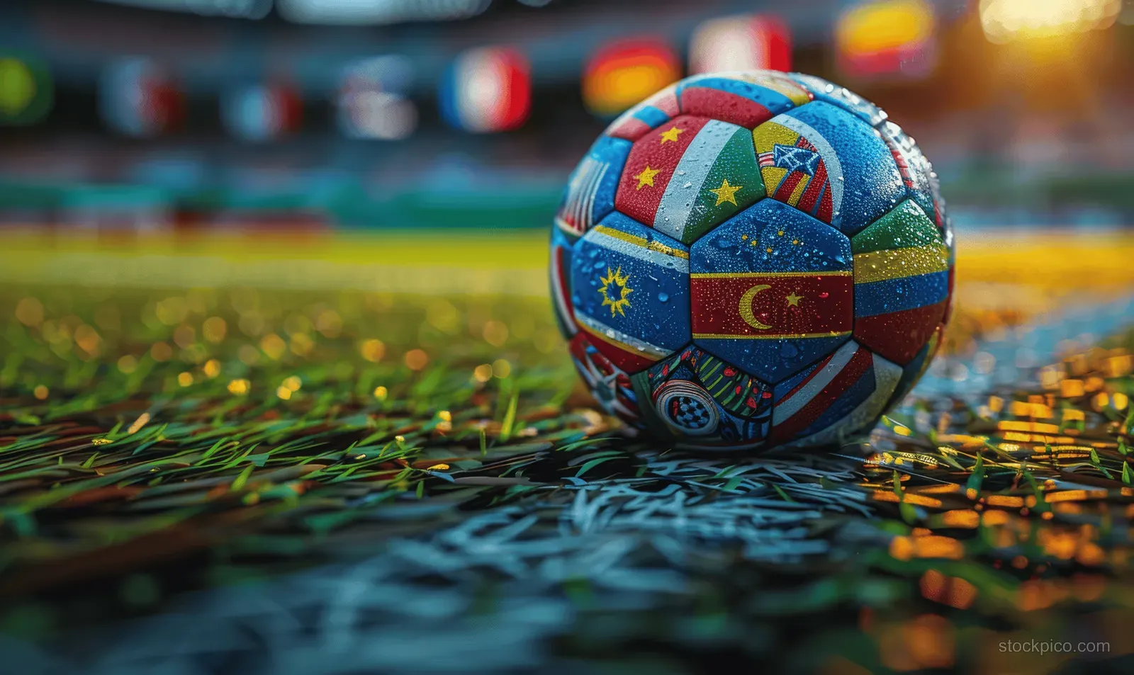 Flag-covered soccer ball resting on grass in a stadium with blurred lights in the background.