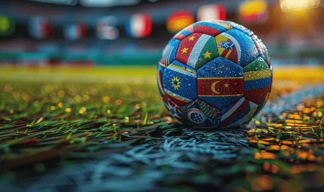 Flag-covered soccer ball resting on grass in a stadium with blurred lights in the background.