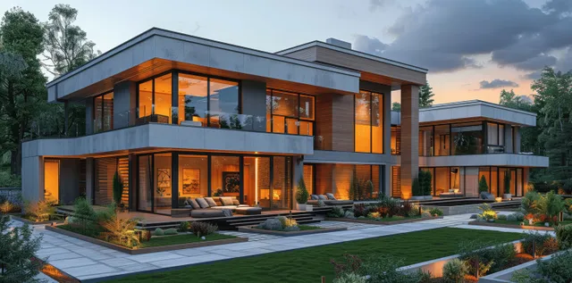 Modern townhouses with panoramic windows glow warmly at dusk beside a landscaped walkway and gray stone façade.