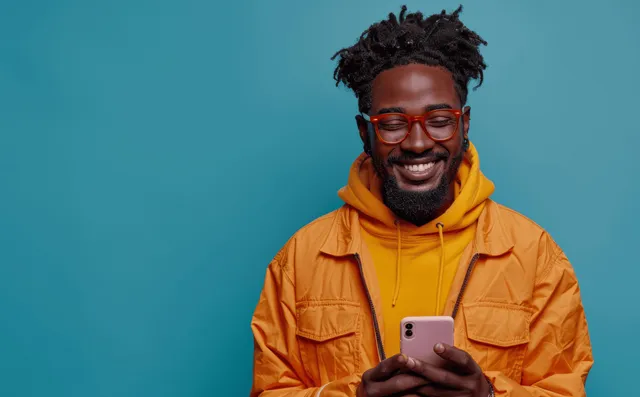 A smiling young man stands against a solid blue background while texting on a smartphone.