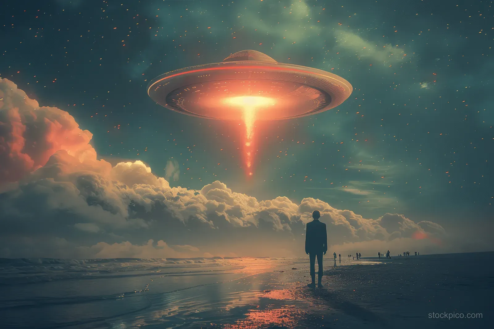 Surreal retro pop art illustration of a suited witness on a beach under a glowing UFO beam at night.