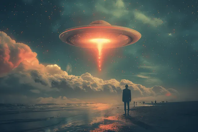 Surreal retro pop art illustration of a suited witness on a beach under a glowing UFO beam at night.