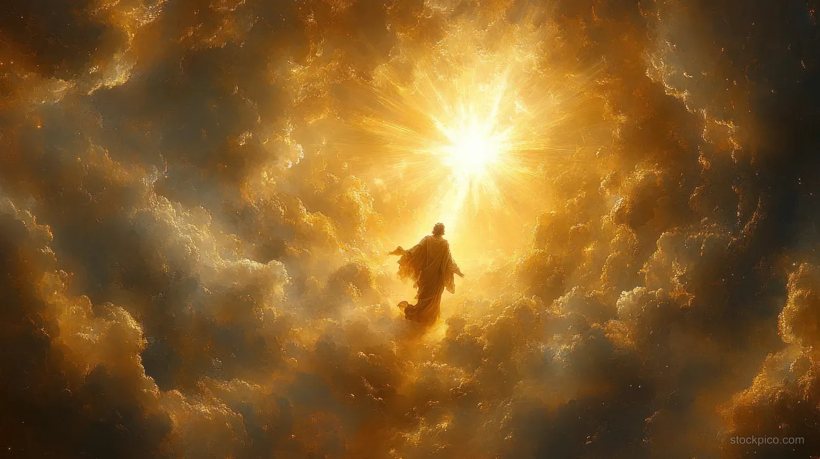 Jesus ascends above glowing clouds, surrounded by golden light and dramatic beams in a celestial sky.
