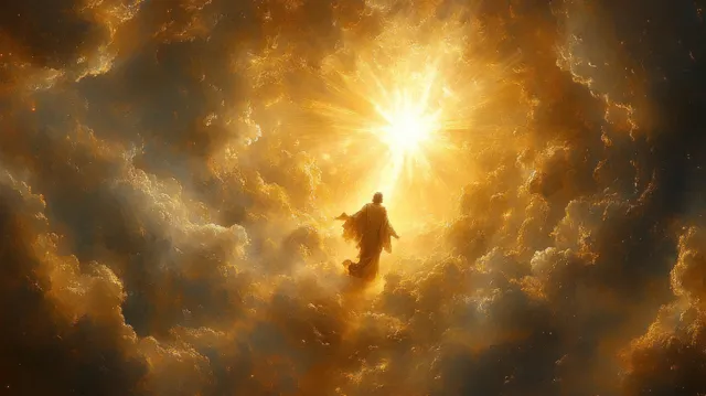 Jesus ascends above glowing clouds, surrounded by golden light and dramatic beams in a celestial sky.