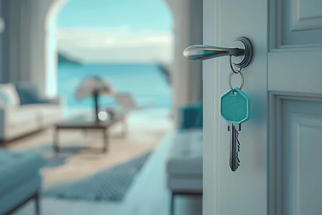 Turquoise keychain on a door handle with a framed beach view and modern living room interior beyond.