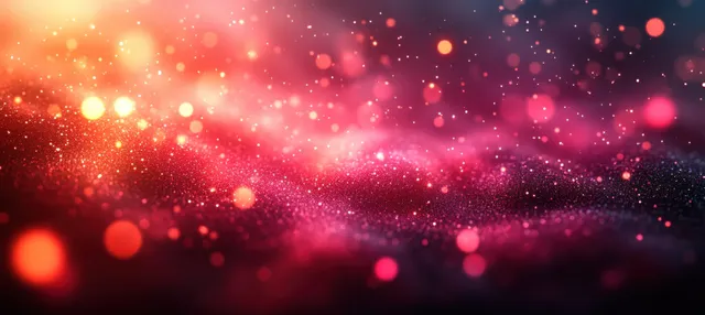 Glowing red and pink COVID-19 virus particles float across a dark bokeh background with light sparkles.
