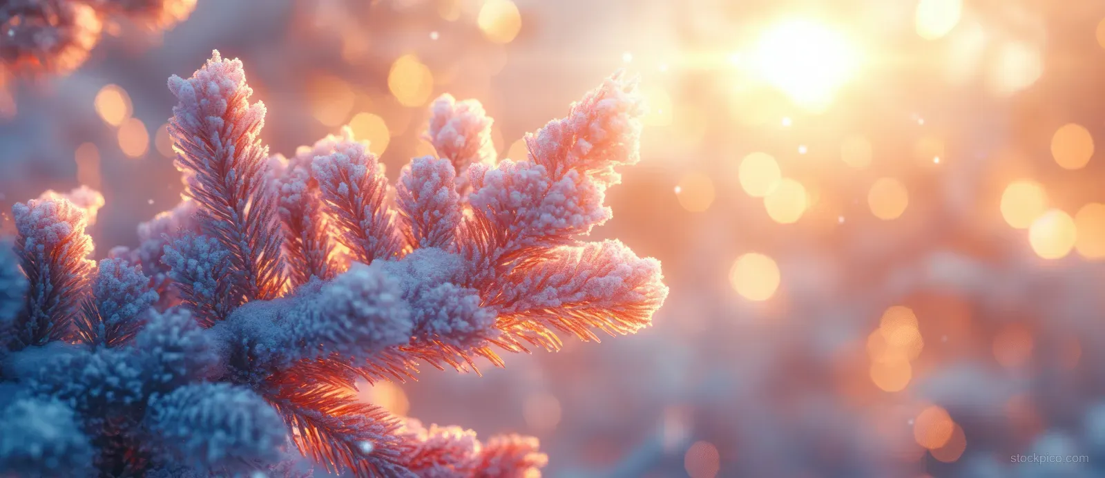 Snow-covered pine branch against a softly blurred background of warm glowing bokeh lights.