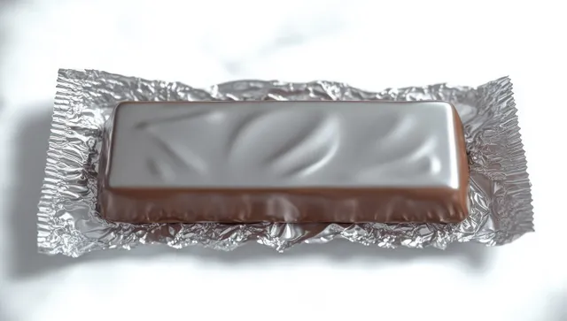 Partially unwrapped chocolate bar on crinkled silver foil with soft light and reflective highlights.