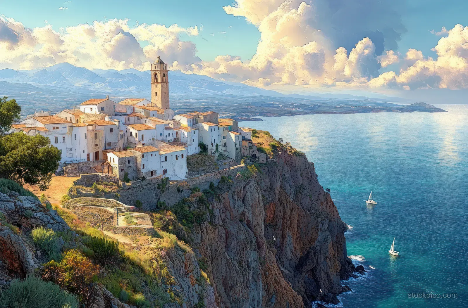 White houses and a tower perched on a rocky cliff above blue ocean, with sailboats and clouds under warm sunlight.