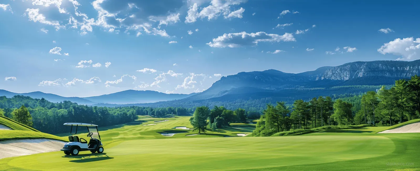 A golf cart drives along a lush fairway with mountains and a bright blue sky behind it.
