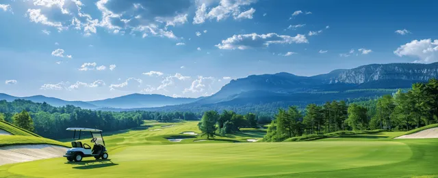 A golf cart drives along a lush fairway with mountains and a bright blue sky behind it.