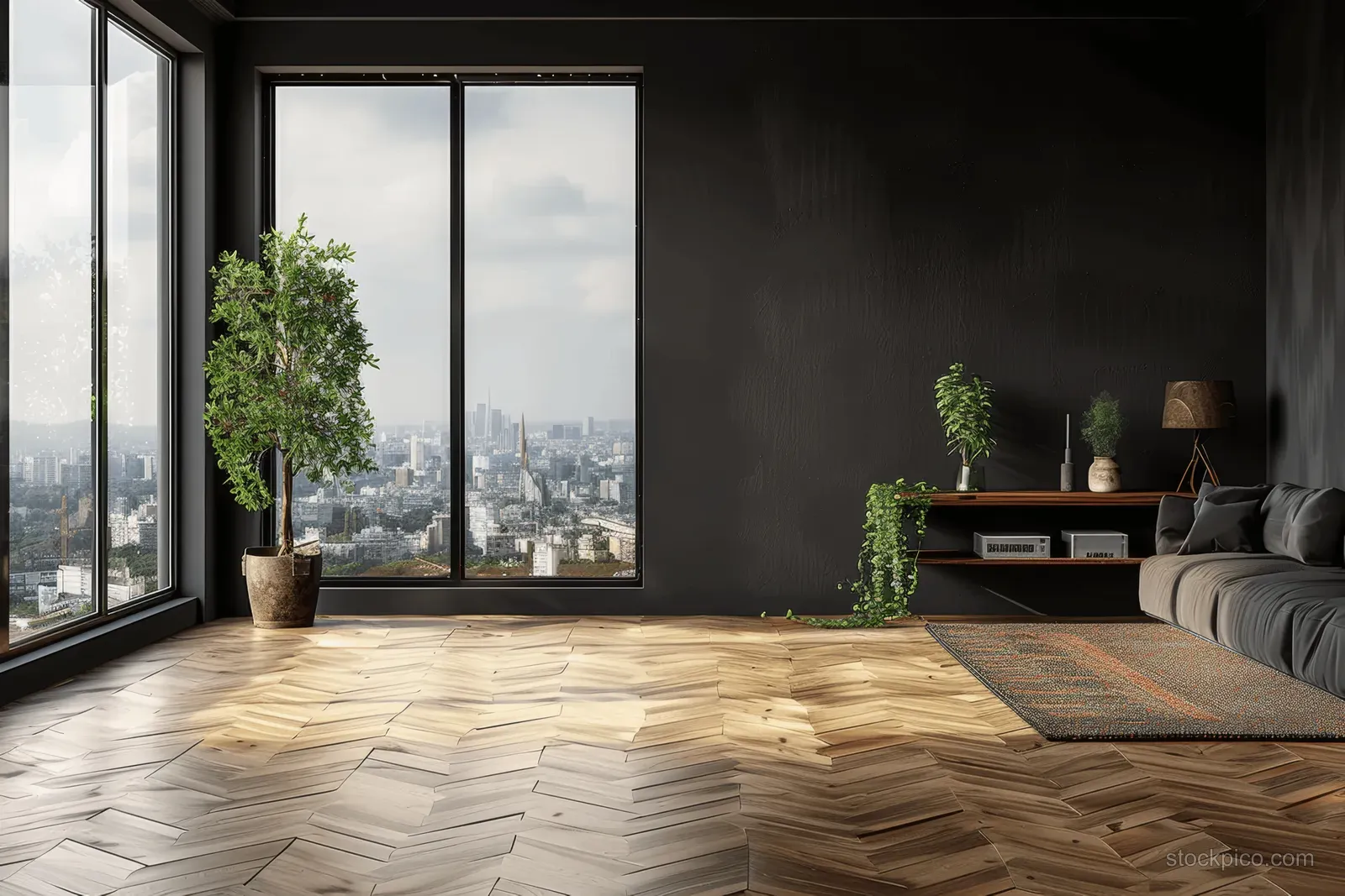 Bright Scandinavian living room with herringbone parquet flooring, black accent wall, minimal furniture, and panoramic city view.