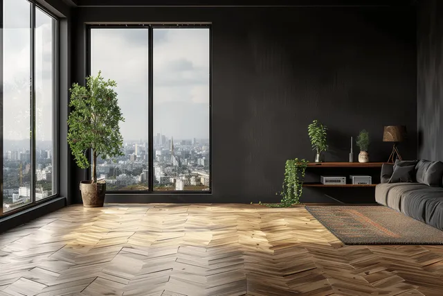 Bright Scandinavian living room with herringbone parquet flooring, black accent wall, minimal furniture, and panoramic city view.