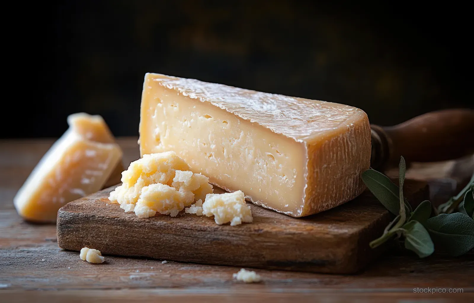 A wedge of crumbly hard cheese on a wooden board with fresh green herbs and a cheese knife nearby.