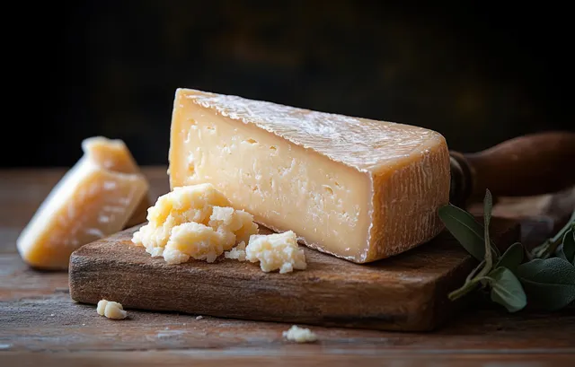 A wedge of crumbly hard cheese on a wooden board with fresh green herbs and a cheese knife nearby.