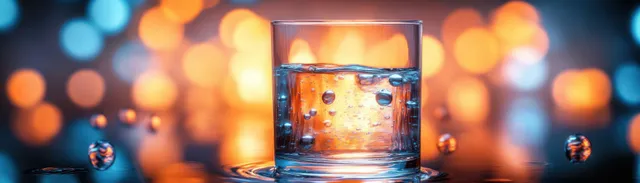 Close-up of a glass of sparkling water with bubbles and condensation against warm orange and blue bokeh lights.