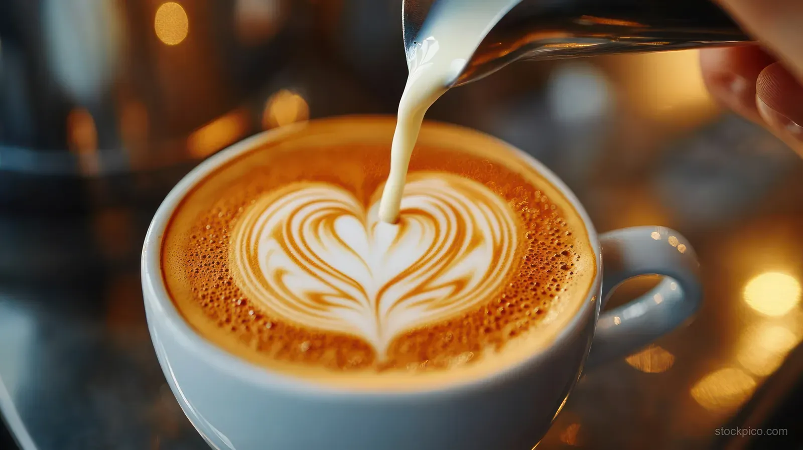 Steamed milk pours into a coffee cup, creating heart-shaped latte art with warm cafe lighting.