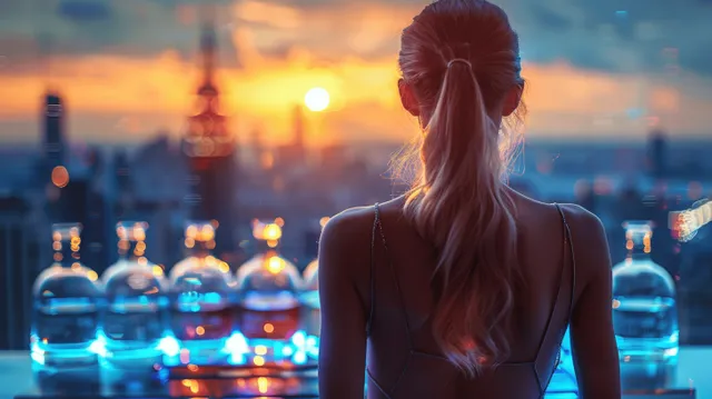 Confident woman in evening gown silhouetted on high-rise balcony overlooking New York sunset lights
