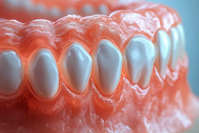 Hyper-realistic 3D teeth with red inflamed gums showing gingivitis near the enamel on a blue background.
