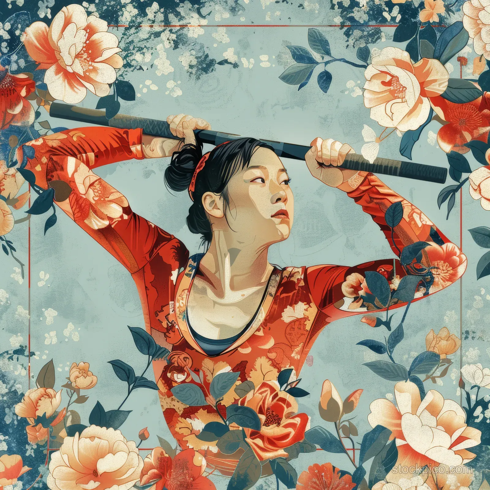 A Chinese woman weightlifter performs a mid-lift pose framed by colorful floral patterns and leaves.