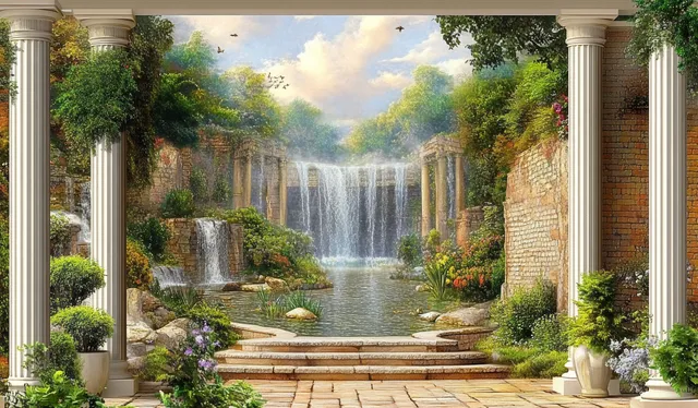 Serene garden waterfall beside pond, stone path, swan, and ivy columns under cloudy sky