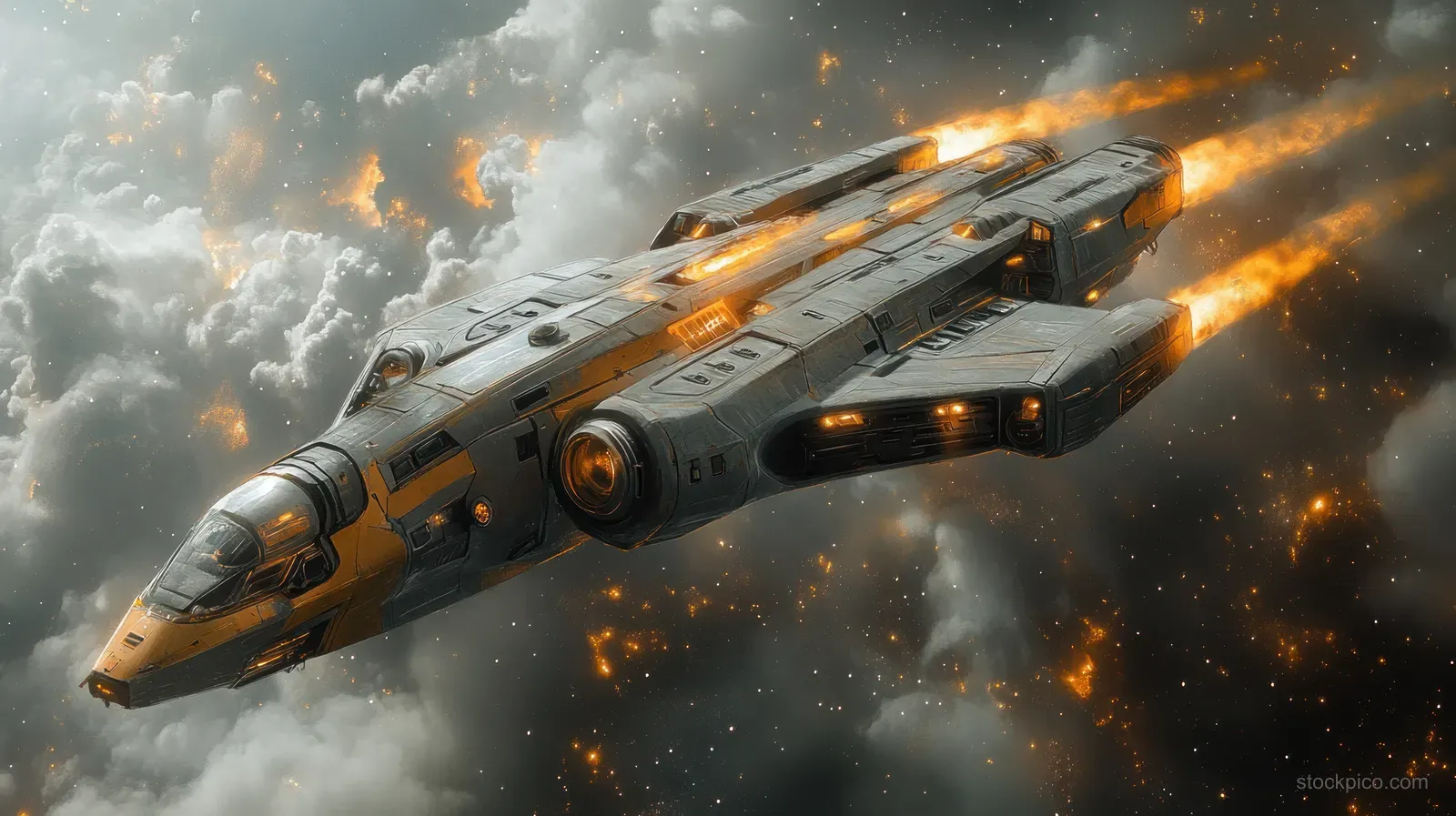A futuristic spaceship flies through cloudy space with blazing engine exhaust and glowing sparks trailing behind.