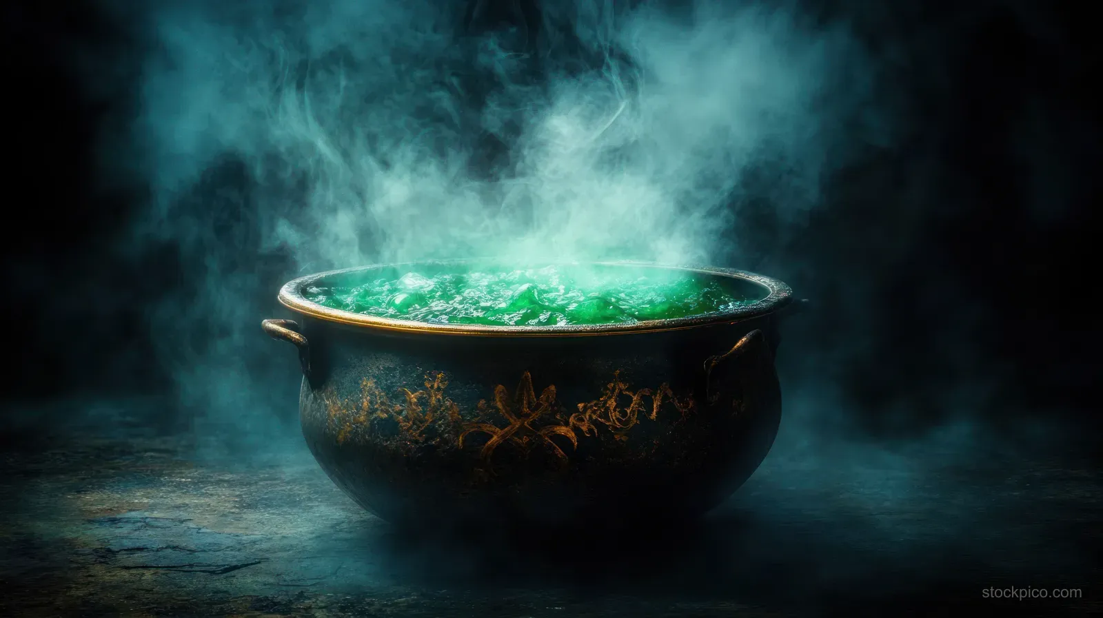A black cauldron bubbles with glowing green potion, releasing thick steam and fog in a dark setting.