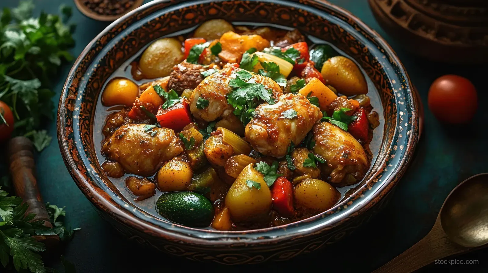 A close-up bowl of chicken stew with baby potatoes, peppers, and herbs in an ornate ceramic bowl on a rustic table.
