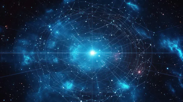 Bright central star glowing within blue nebula clouds and constellation web lines