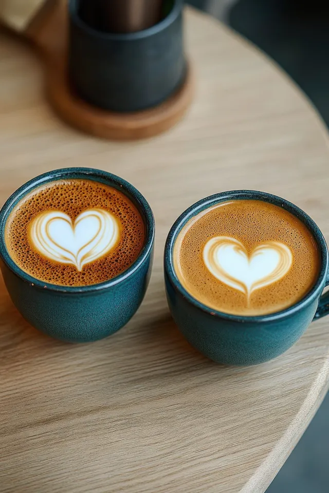 Two ceramic cappuccino cups with heart latte art on a round wooden table