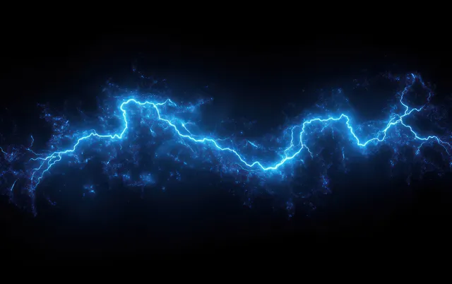 Vivid blue lightning arcs create a dynamic abstract composition with glowing energy effects against a dark background.