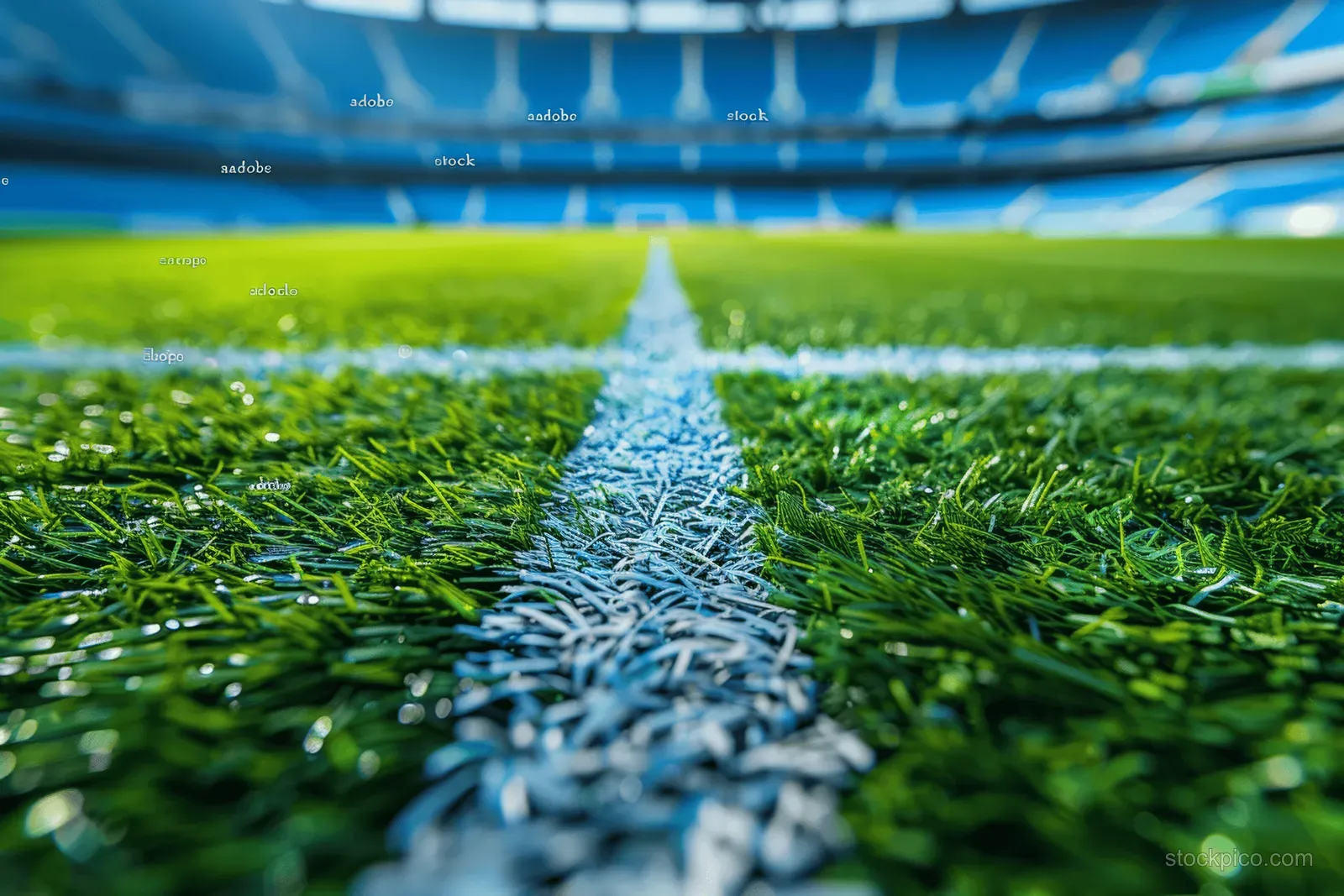 Vacant soccer stadium featuring a vibrant green grass pitch and ample copy space for text overlays.