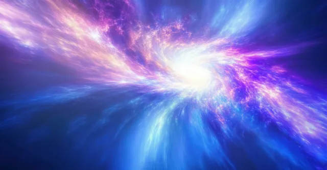 A glowing white center radiates a blue purple pink nebula swirl across deep space.