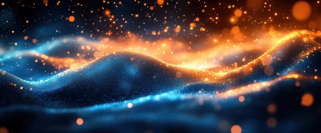 Abstract dark digital landscape with flowing blue and orange light waves and glowing particles across space.