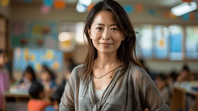 An Asian female teacher smiles at the camera in a bright classroom while children play and learn behind her.
