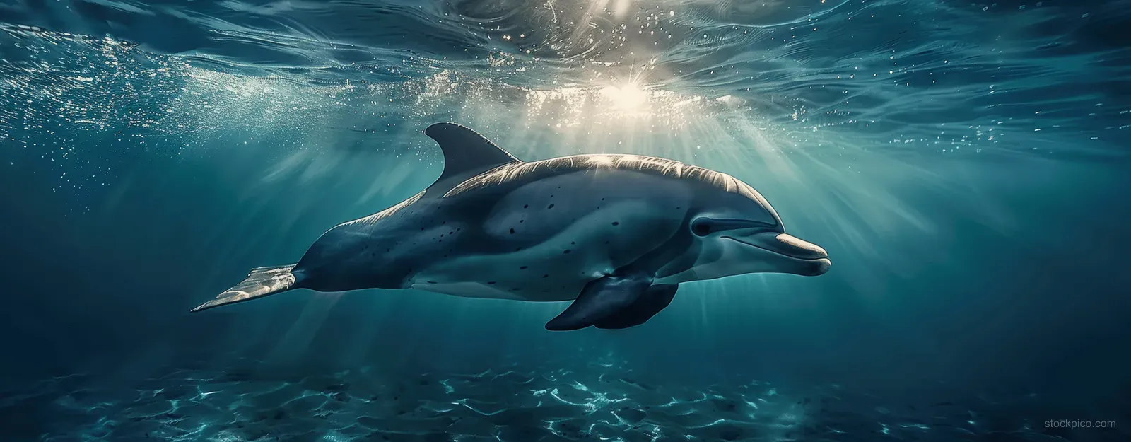 A dolphin swims underwater under sunbeams with bubbles and a faint coral reef in the background.