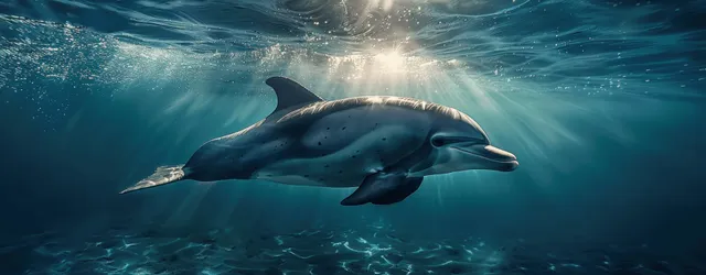 A dolphin swims underwater under sunbeams with bubbles and a faint coral reef in the background.