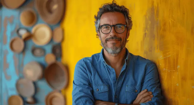 Confident man with glasses smiling with arms crossed against vibrant yellow studio backdrop