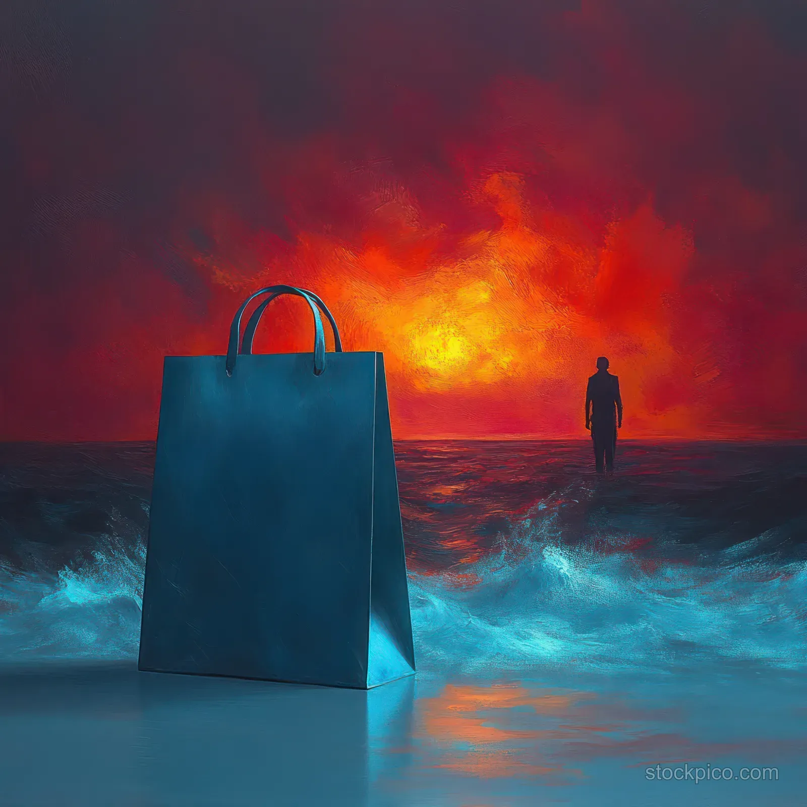 Blue shopping bag on reflective water as a lone silhouette walks toward a fiery red sunset.